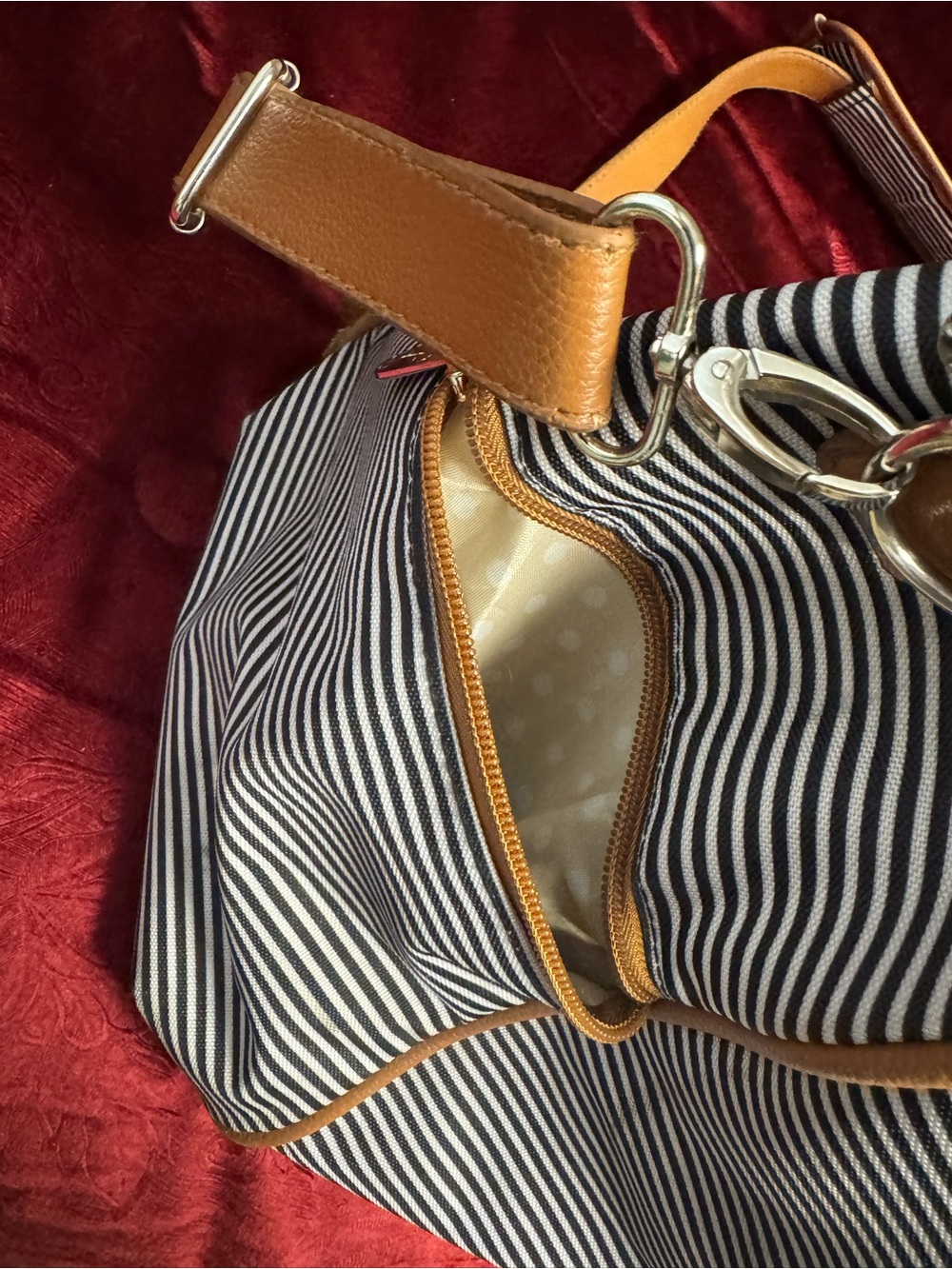 Jessica Simpson Navy and White Striped Weekender bag with Tan Trim - Picture 3 of 6